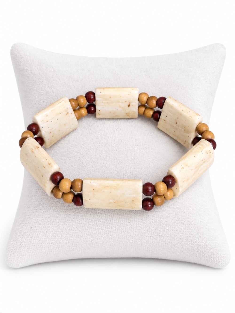 Boho Bone & Wood Beaded Double-Strand Stretch Bracelet Neutral Earth Tones